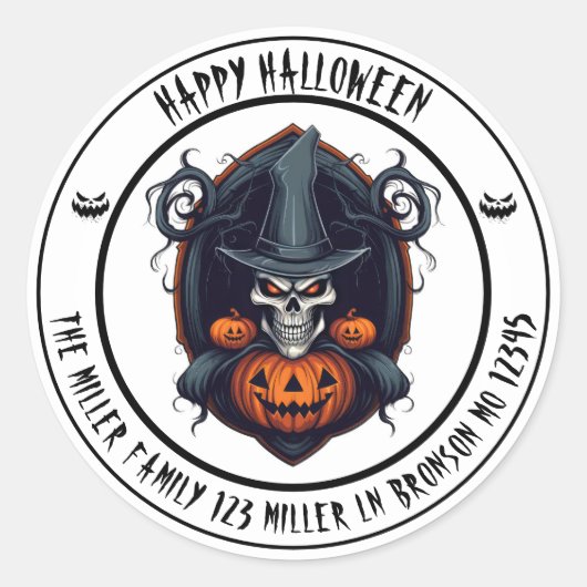 ハロウィーンの被り物と歯を出したドクロのハロウィーン封筒シール ラウンドシール (正面)