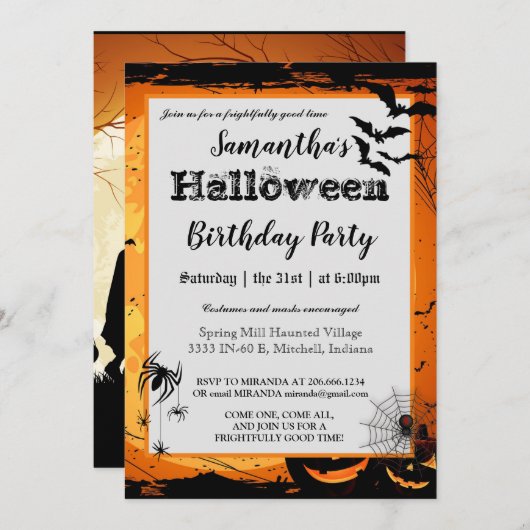 ハロウィーンの誕生日パーティーの招待トリックまたはトリート 招待状 (正面/裏面)