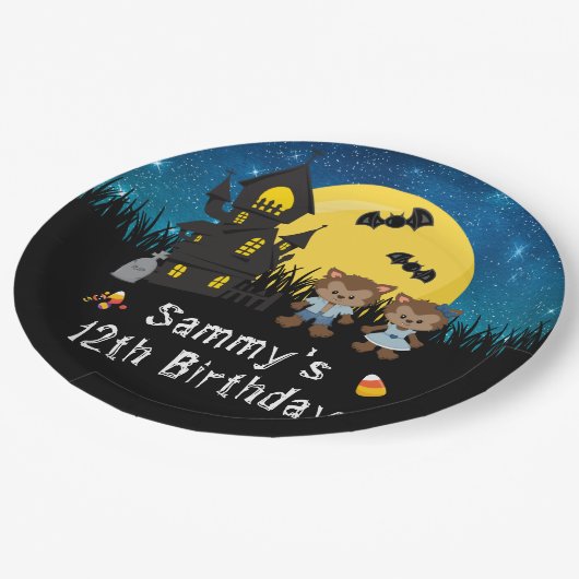 ハロウィーンの誕生日パーティーワーウルフブルー ペーパープレート (アングル)