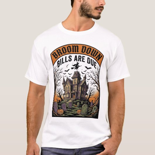ハロウィーンの請求書回収の魔女の箒が壊れたデザイン Tシャツ (正面)