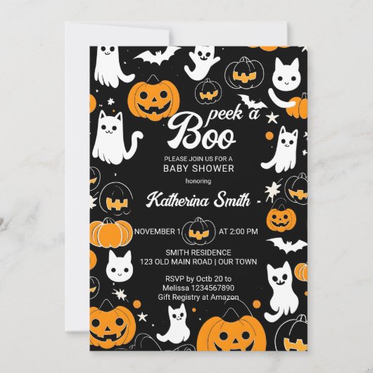 ハロウィーンの赤ちゃんシャワーかわいい猫の幽霊 招待状 (正面)