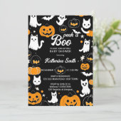 ハロウィーンの赤ちゃんシャワーかわいい猫の幽霊 招待状 (スタンド正面)