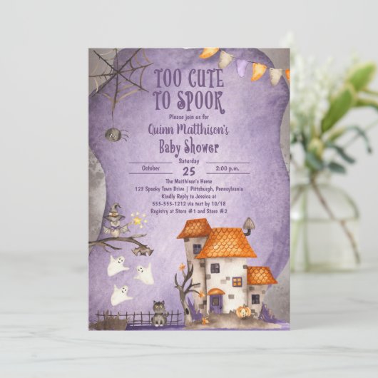 ハロウィーンの赤ちゃんシャワーをスプックするには可愛すぎる 招待状 (スタンド正面)