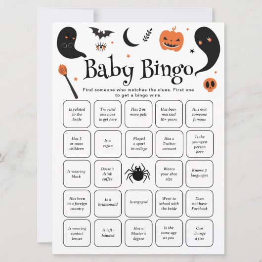 ハロウィーンの赤ちゃんシャワーを見つけるゲストビンゴカード 招待状 (正面)