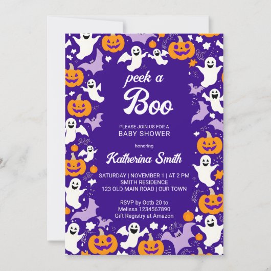 ハロウィーンの赤ちゃんシャワーを覗くブーかわいいベビー幽霊 招待状 (正面)
