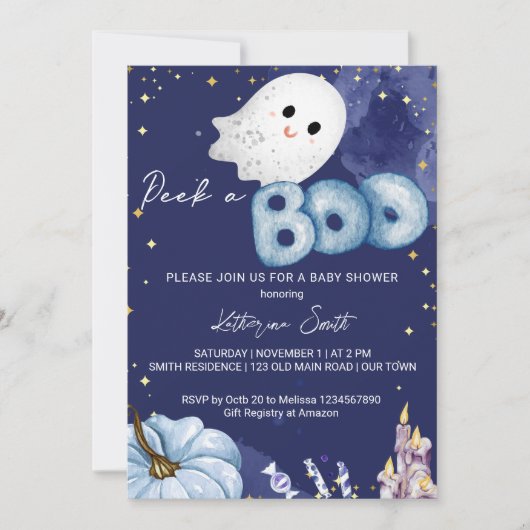 ハロウィーンの赤ちゃんシャワーを覗くブーかわいいベビー幽霊 招待状 (正面)