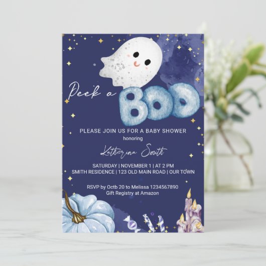ハロウィーンの赤ちゃんシャワーを覗くブーかわいいベビー幽霊 招待状 (スタンド正面)