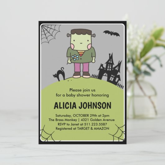 ハロウィーンの赤ちゃんシャワー招待10月モンスター 招待状 (スタンド正面)