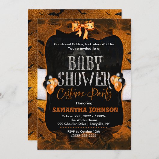 ハロウィーンの赤ちゃんシャワー衣装パーティー 招待状 (正面/裏面)