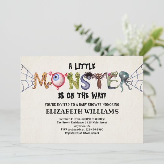 ハロウィーンの赤ちゃんシャワー途中の小さな怪物 招待状 (スタンド正面)