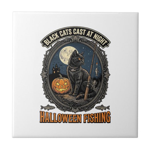 ハロウィーンの釣り猫ビンテージカボチャデザイン_1 タイル (正面)