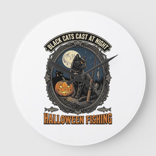 ハロウィーンの釣り猫ビンテージカボチャデザイン_1 ラージ壁時計 (正面)
