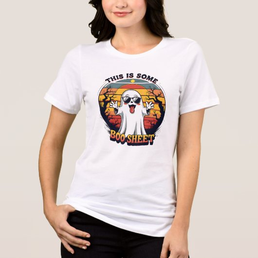 ハロウィーンの面白い幽霊の「ブーシート」 トライブレンドTシャツ (正面)