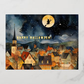 ハロウィーンの願い魔女の水色レトロな濃さ 箔シーズンポストカード (正面)