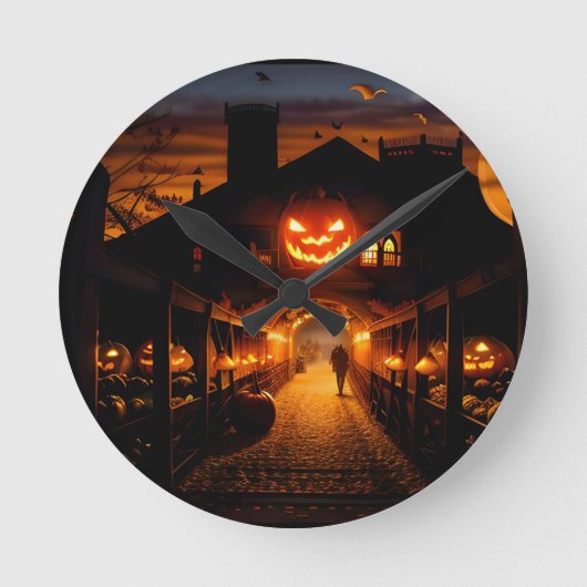 ハロウィーンの風景5 ラウンド壁時計 (正面)