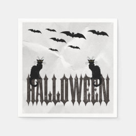 ハロウィーンの飛ぶコウモリと怖いネコのサービエット スタンダードカクテルナプキン
