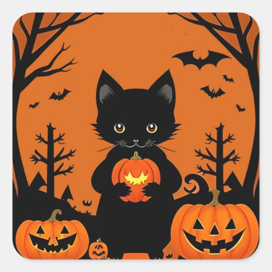 ハロウィーンの飾り付けにぴったりな黒猫のかぼちゃステッカー スクエアシール (正面)