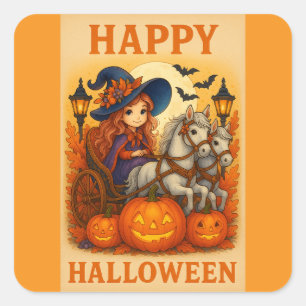 ハロウィーンの馬と馬車かわいい魔女のシール スクエアシール