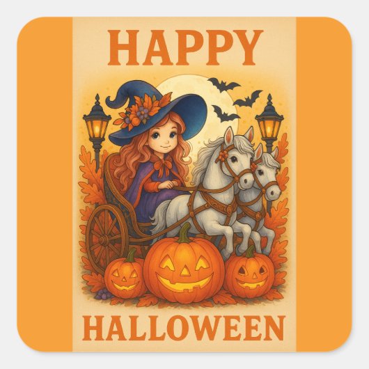 ハロウィーンの馬と馬車かわいい魔女のシール スクエアシール (正面)