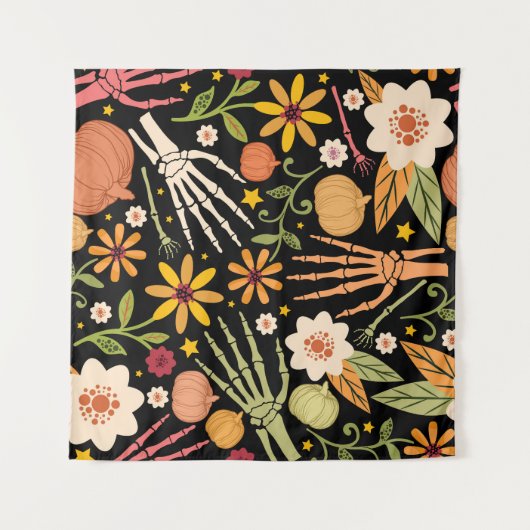 ハロウィーンの骨、フローラのシームレスなパターン。 タペストリー (正面(横))