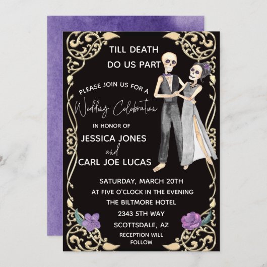ハロウィーンの骸骨が死ぬまで我々の結婚部分 招待状 (正面/裏面)