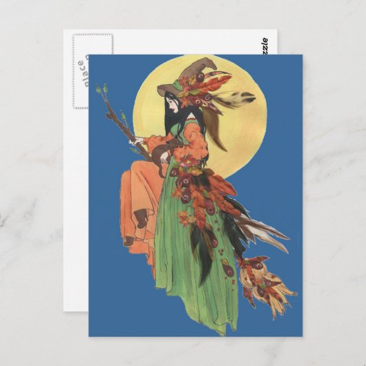 ハロウィーンの魔女が月明かりの中を通り抜ける ポストカード (正面/裏面)