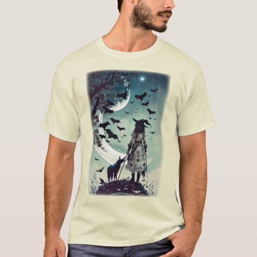 ハロウィーンの魔女とオオカミ満月とこうもり Tシャツ (正面)