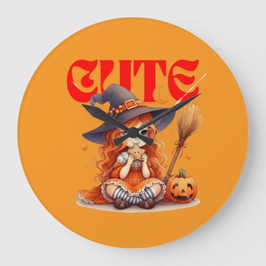 ハロウィーンの魔女とカボチャの壁時計 ラージ壁時計 (正面)