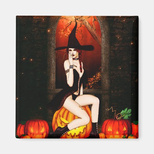 ハロウィーンの魔女とカボチャ マグネット (正面)