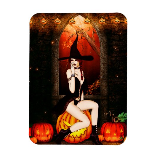 ハロウィーンの魔女とカボチャ マグネット (縦)