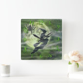 ハロウィーンの魔女とスパイダースクエアグリーン スクエア壁時計 (ホーム)