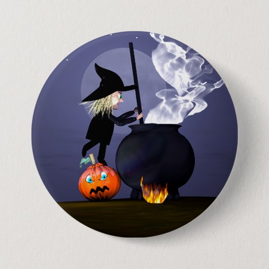 ハロウィーンの魔女と大釜 缶バッジ (正面)
