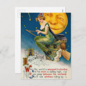 ハロウィーンの魔女と月のヴィンテージ休日はがき シーズンポストカード (正面/裏面)