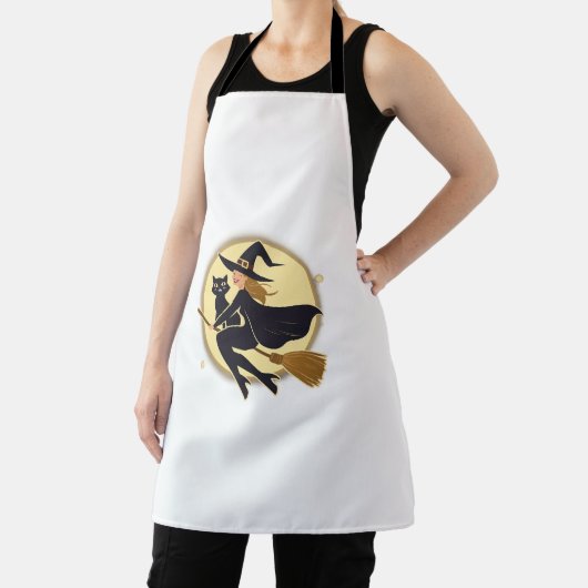 ハロウィーンの魔女と月飛んでいる光の黒猫 エプロン (インサイチュ)