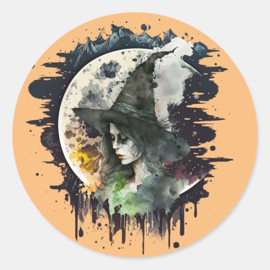 ハロウィーンの魔女と満月 ラウンドシール (正面)