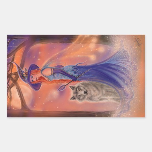 ハロウィーンの魔女と狼Renee Lavoie著 長方形シール (正面)