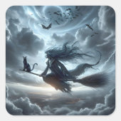 ハロウィーンの魔女と猫と箒 スクエアシール (正面)