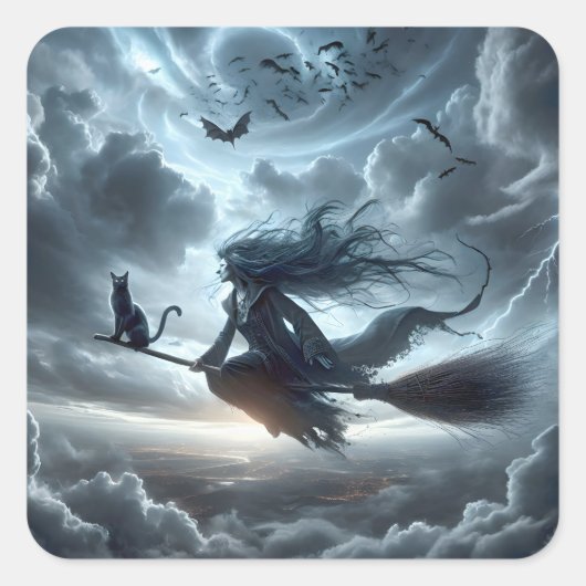 ハロウィーンの魔女と猫と箒 スクエアシール (正面)