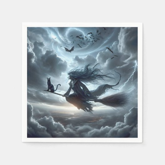 ハロウィーンの魔女と猫と箒 スタンダードカクテルナプキン (正面)