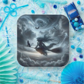 ハロウィーンの魔女と猫と箒 ペーパープレート (パーティー)