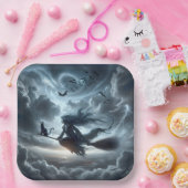 ハロウィーンの魔女と猫と箒 ペーパープレート (パーティー)