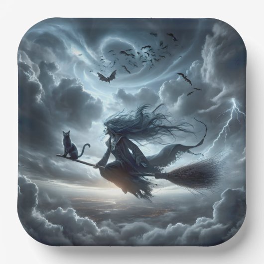 ハロウィーンの魔女と猫と箒 ペーパープレート (正面)