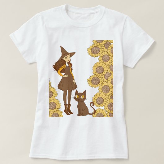 「ハロウィーンの魔女と猫ひまわりの花」 Tシャツ (デザイン正面)