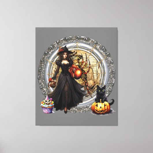 ハロウィーンの魔女と猫 キャンバスプリント (正面)