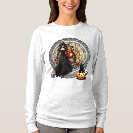 ハロウィーンの魔女と猫 Tシャツ (正面)