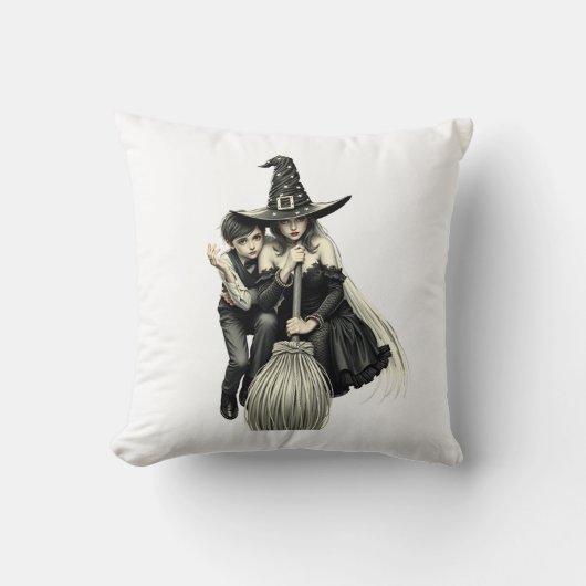 ハロウィーンの魔女と男の子:暗い魔法デュオ クッション (正面)