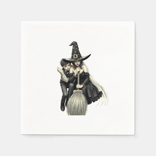 ハロウィーンの魔女と男の子：暗い魔法デュオ スタンダードカクテルナプキン (正面)