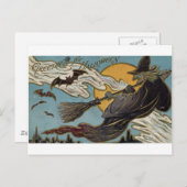 ハロウィーンの魔女と飛んでいるこうもりの挨拶 ポストカード (正面/裏面)