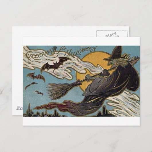 ハロウィーンの魔女と飛んでいるこうもりの挨拶 ポストカード (正面/裏面)