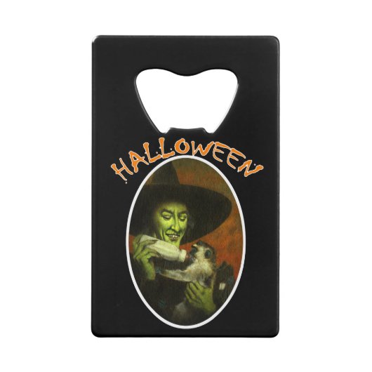 ハロウィーンの魔女と飛んでいるサル クレジットカード栓抜き (正面)